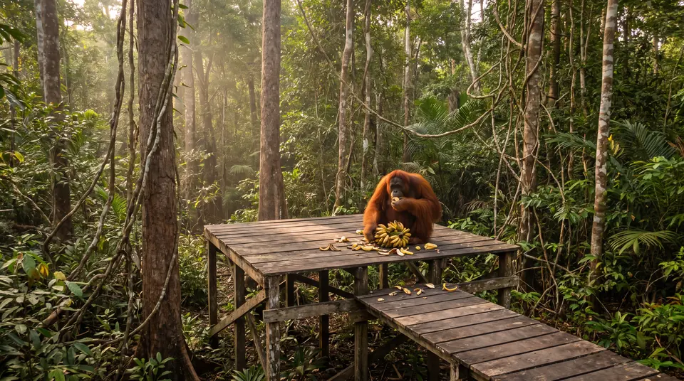 Illustration of an orangutan eating bananas on a wooden feeding platform reached by a boardwalk in the rainforest