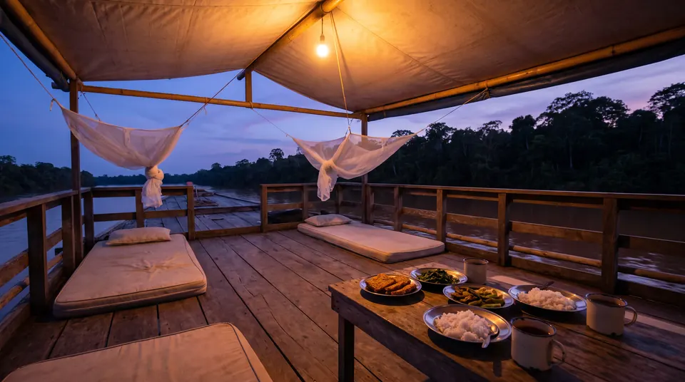 Illustration of the open upper deck of a klotok at dusk with mattresses, mosquito nets, a table of rice and vegetables, and the river beyond