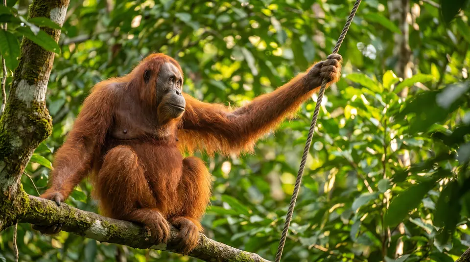 Illustration of an adult orangutan with long reddish hair sitting on a mossy branch in the rainforest canopy
